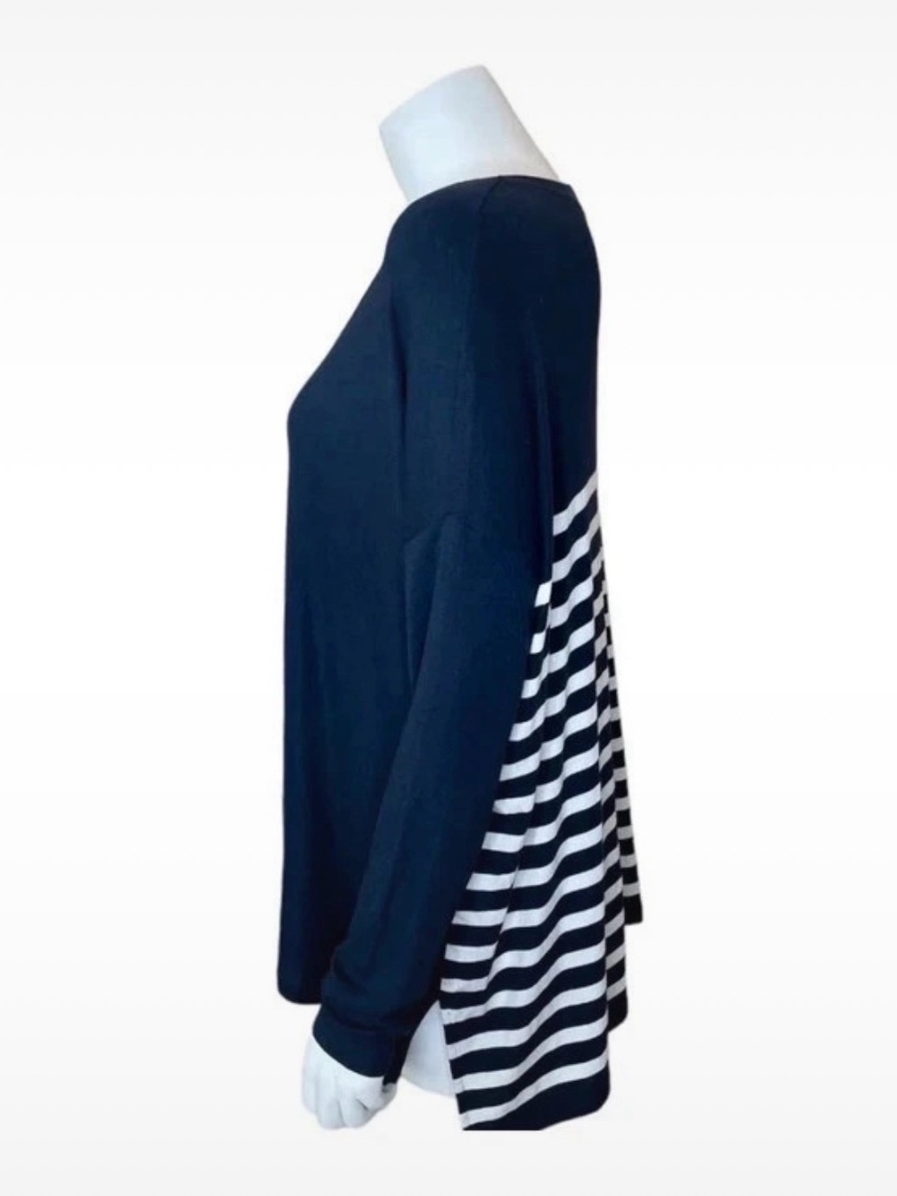 CAbi Black Top with Black-and-White Striped Back Panel